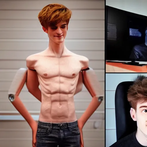 Image similar to “a realistic detailed photo of a guy who is an attractive humanoid who is half robot and half humanoid, who is a male android, twitch streamer Ninja Tyler Blevins, shiny skin, posing like a statue, blank stare, streaming”