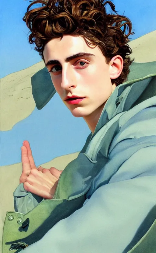 Prompt: Timothee Chalamet, the most beautiful androgynous man in the world, intense painting, sunny day at beach, tropical island, +++ super supper supper dynamic pose,  digital art, +++ +++ quality j.c. leyendecker, limited edition, shiny, ++++ super veiny hands, thick eyebrows, masculine appeal high fashion, wearing orange sunglasses, crystal blue eyes, louis vuitton suit, wearing a suit, important, very very very rich, smirking, looking at the ocean, palm trees, tropical flowers, colorful, surrealism art