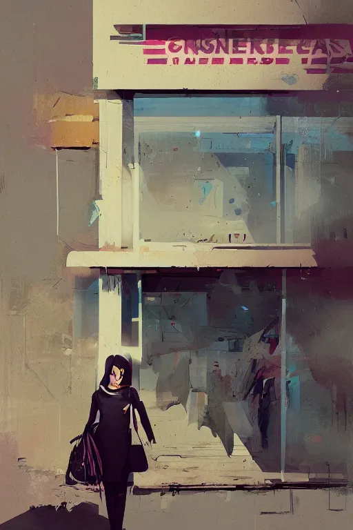 Prompt: a portrait of a stylish woman standing in front of a convenience store by Ismail Inceoglu