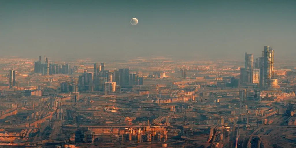 Image similar to cinematic shot of a st. petersburg city in the moon's hollow, russian orbit city cityscape, telephoto, iconic scene from the optimistic sci fi film directed by stanley kubrick, anamorphic cinematography, beautiful composition, color theory, leading lines, photorealistic, moody volumetric lighting