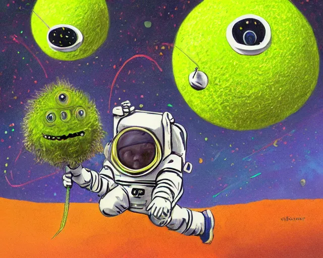 Image similar to astronaut tennis ball monsters, digital art, fantasy, magic, chalk, chalked, trending on artstation, ultra detailed, detailed, fine details, professional illustration by basil gogos