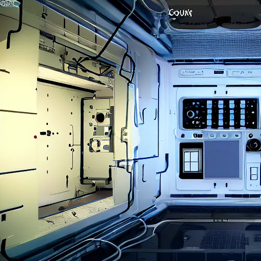 Prompt: space laboratory, cozy, simple, computer control panel, counter with future science technology, reflective surfaces, unreal engine 5 tech demo, unsplash