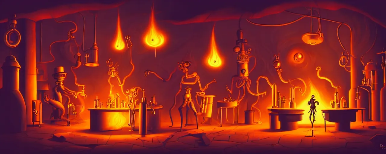 Image similar to uncanny alchemist monsters in a fiery alchemical lab, dramatic lighting, surreal 1 9 3 0 s fleischer cartoon characters, shallow dof, surreal painting by ronny khalil