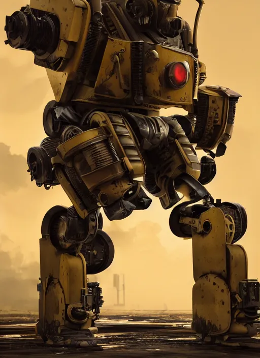 Image similar to a photorealistic dramatic hyperrealistic render of a futuristic exosuit power loader heavy machinery, ultra realistic details, glossy yellow, well worn, rust, oil stains by vitaly bulgarov and mike nash, beautiful dramatic dark moody tones and lighting, cinematic atmosphere, studio lighting, global illumination, shadows, dark background, octane render, 8 k