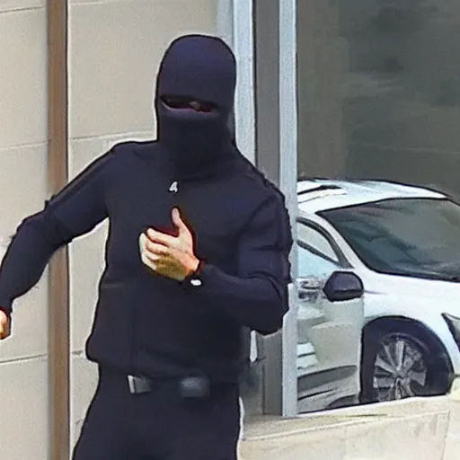 Image similar to security camera footage of cristiano ronaldo robbing a bank, he is holding a gun
