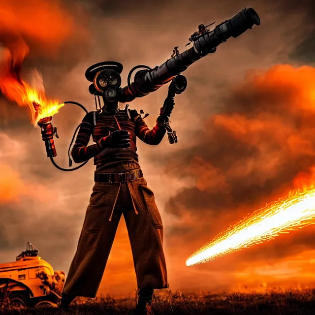 Image similar to full length photo of a beautiful atompunk warrior with a flamethrower, 8 k, hdr, smooth, sharp focus, high resolution, award - winning photo