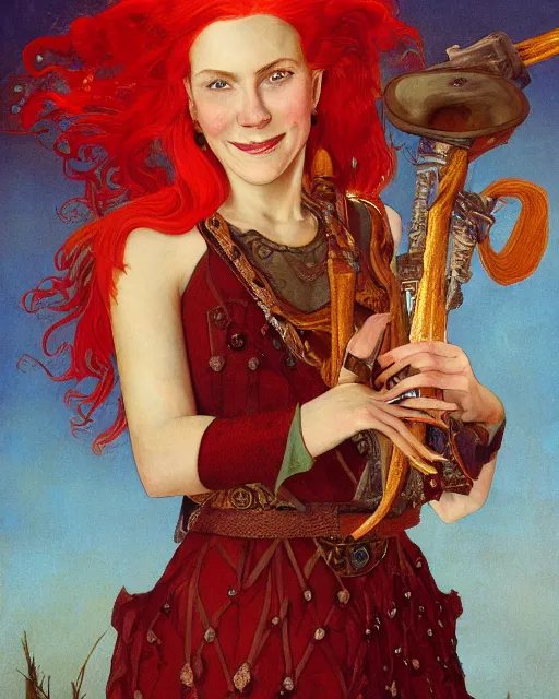 Prompt: fantasy portrait of a happy young women with red hair and freckles, slight smile, renaissance colorful dress, leather armor, music instrument in hand, backlit, made by N.C. Wyeth and Karol Bak, Artstation, 2d digital art, sfw,