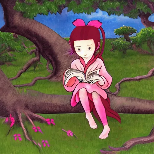 Prompt: little girl with long curly red hair dressed in a pink kimono and sitting next to a tree while reading a book, artwork made in street fighter art style inspired in balthus and made in abyss