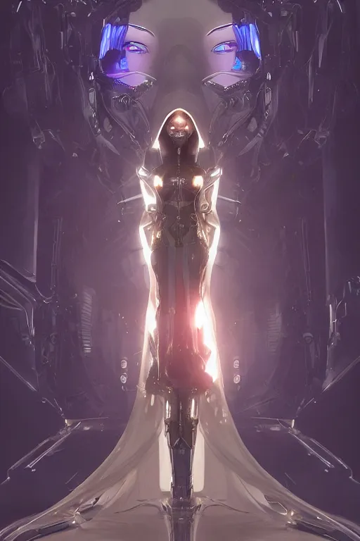 Image similar to beautiful cyborg priestess, scifi, perfect face, futuristic, elegant cape, aura of light, glow, concept art, sharp focus, inside a space ship, trending on artstation, hwang se - on, intricate, advanced technology, art by roman makarenko and simon almeida and marcos melco