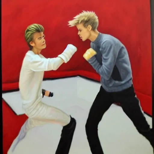 Prompt: a hyperrealistic painting of David Bowie punching Justin Bieber,