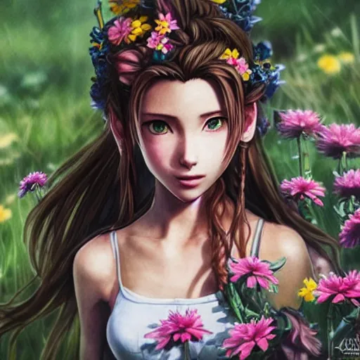 Image similar to concept art of aerith gainsborough with tattoos, amongst flowers, high quality, detailed, trending on artstartion