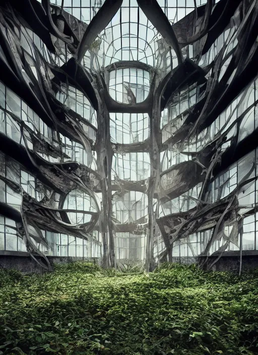 Image similar to “derelict architecture single building , the windows are growing single vines, building designed by architect Zaha Hadid, architecture digest, building surrounded in a luxury environment, bright tones, fluorescent lighting,volumetric Lighting, photorealism, high detail, golden ratio, cinematic, octane renderer”