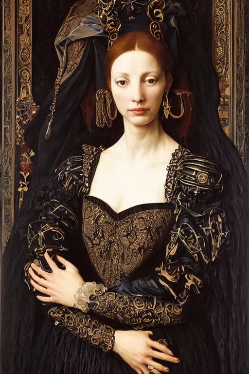 Prompt: very beautiful portrait of christine turlington as princess of the dark tattoo world, mystic creature in arms, by jan van eyck, frederic leighton, mysticism, intricate, highly ornate dark silvery trim armoury