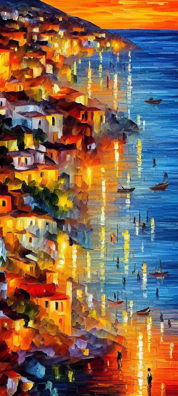 Prompt: beautiful seaside greek village at sunset in the style of leonid afremov