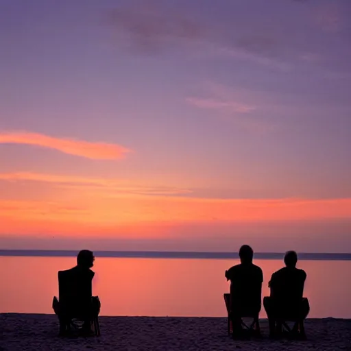 Image similar to 2 men watching the beautiful sunset together by the beach, by greg rutowski, muted colors