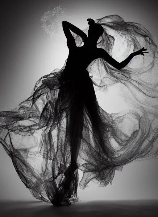 Image similar to a Photorealistic dramatic hyperrealistic render of a beautiful Female smoke dancer by Ken Brower and Deborah Ory of NYC Dance project,Lois Greenfield,Flowing cloth and smoke,Beautiful dynamic dramatic dark moody lighting,volumetric,shadows,cinematic atmosphere,Octane render,8K