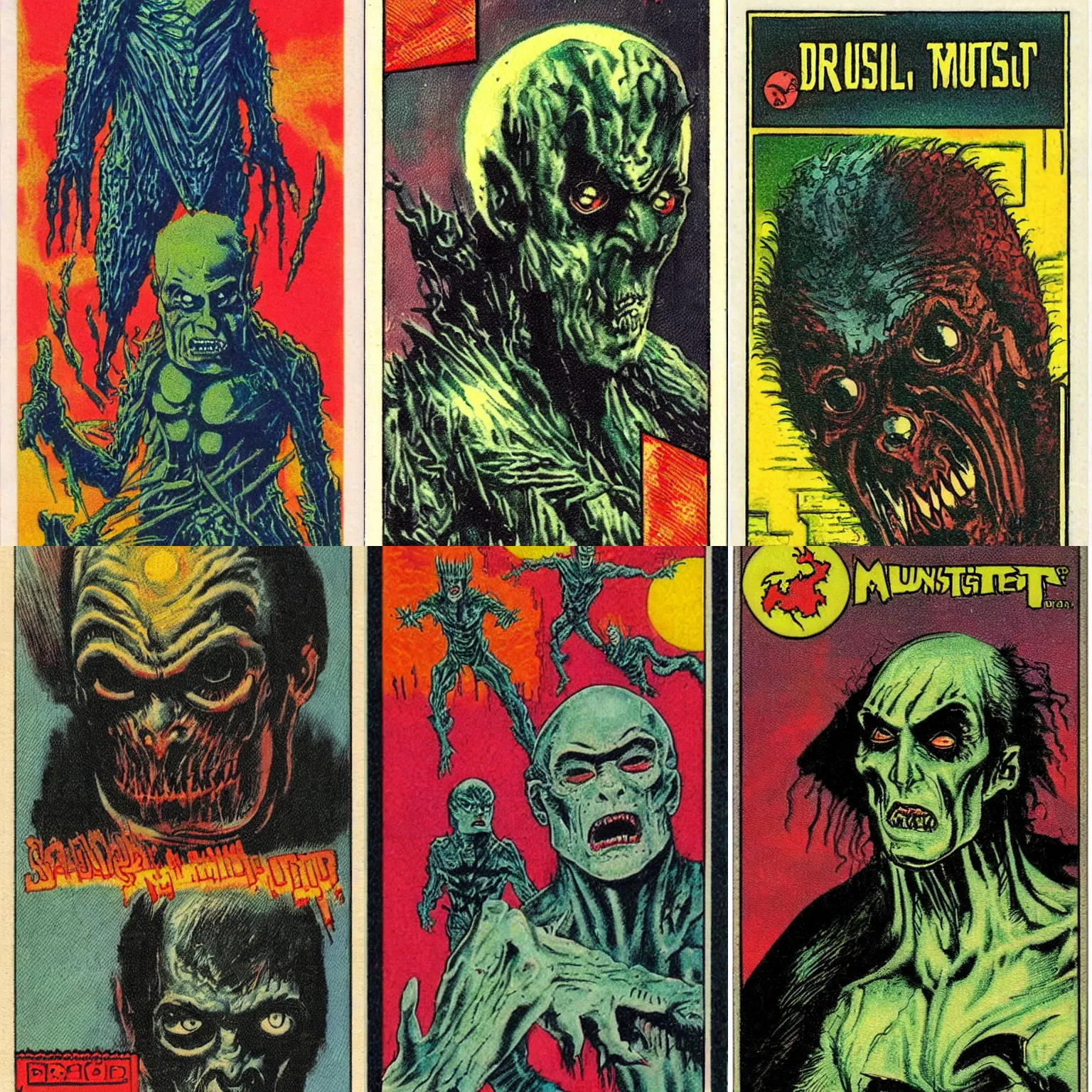 Prompt: vintage topps trading card by basil gogos and druillet, universal monster, grainy