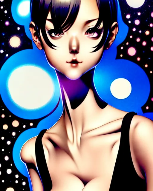 Image similar to portrait of an attractive young woman with amazing short hair wearing a short tight black dress think about the galaxy, art by Range Murata and Artgerm.