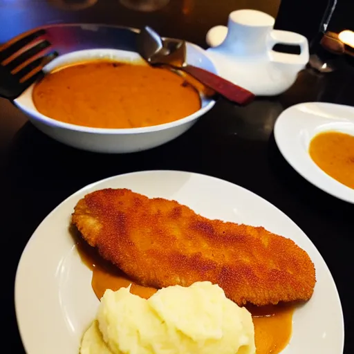 Prompt: schnitzel on orange gravy, mashed potatoes, Michelin star, award winning