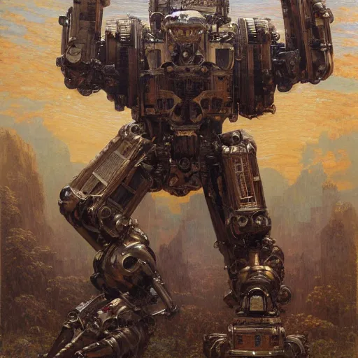 Image similar to highly detailed painting of a robotic humanoid gorilla mecha, painting by gaston bussiere, craig mullins, j. c. leyendecker, lights, art by ernst haeckel, john william godward, hammershøi, alex grey, dmt, symmetric, masterpiece details, hyper - detailed, hd, hdr, 4 k, 8 k