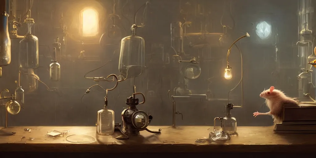 Image similar to rat sitting on a desk in a laboratory with lots of flasks filled with magic liquids and poisonous fog, stephen bliss, unreal engine, fantasy art by greg rutkowski, loish, rhads, ferdinand knab, ilya kuvshinov, rossdraws, tom bagshaw, global illumination, radiant soft light, detailed and intricate environment