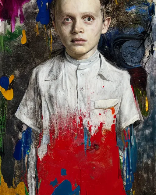 Image similar to portrait of a child in tuxedo painted by vincent lefevre and hernan bas and pablo amaringo and pat steir and hilma af klint, background in high definition 3 d, psychological, photorealistic, dripping paint, washy brush, rendered in octane, altermodern, masterpiece