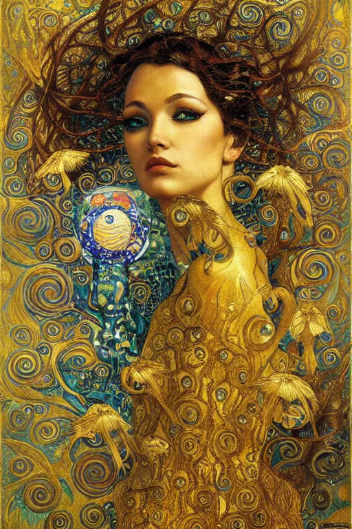 Image similar to Visions of Paradise by Karol Bak, Jean Deville, Gustav Klimt, and Vincent Van Gogh, visionary, otherworldly, fractal structures, ornate gilded medieval icon, third eye, spirals, heavenly spiraling clouds with godrays, airy colors, feathery wings