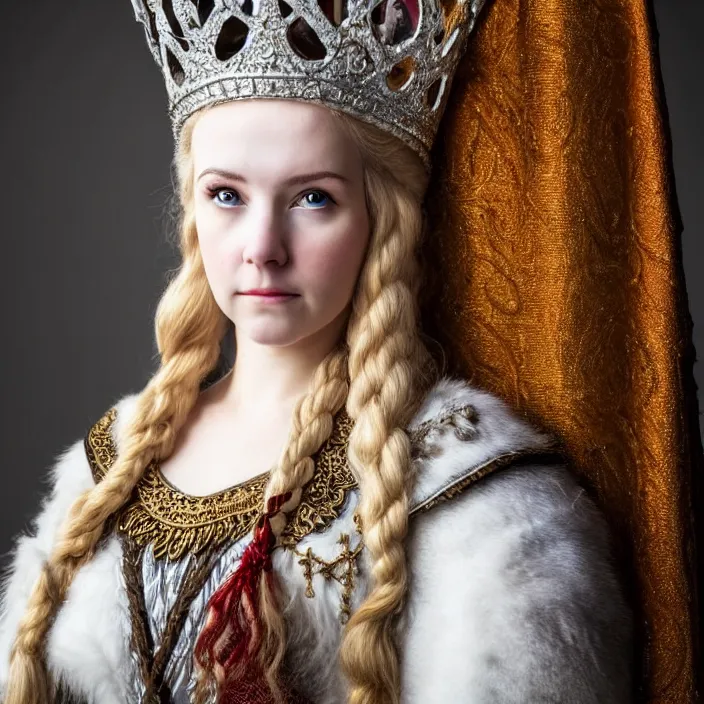 Image similar to portrait photograph of a real-life extremely beautiful!! young adult nordic queen with ornate cloak and crown, looking at the camera!!. Extremely detailed. 8k