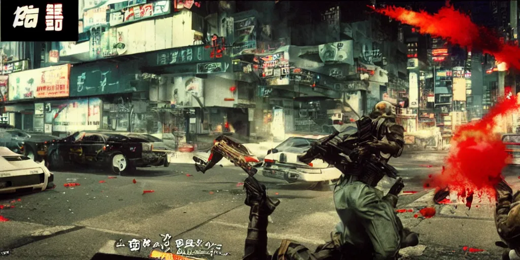 Image similar to 1991 Video Game Screenshot, Anime Neo-tokyo Cyborg bank robbers vs police shootout, bags of money, Police officer hit, Bullet Holes and Blood Splatter, Hostages, Smoke Grenade, Sniper, Chaotic, Cyberpunk, Anime VFX, Machine Gun Fire, Violent, Action, Fire fight, FLCL, Free-fire, Highly Detailed, 8k :4 by Katsuhiro Otomo + Studio Gainax + Arc System Works : 8