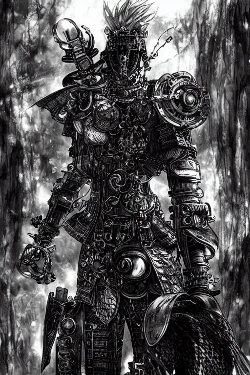 Image similar to a vertical portrait of a character in a scenic environment by Yoshitaka Amano and Nihei Tsutomu, black and white, dreamy, steampunk armor, highly detailed