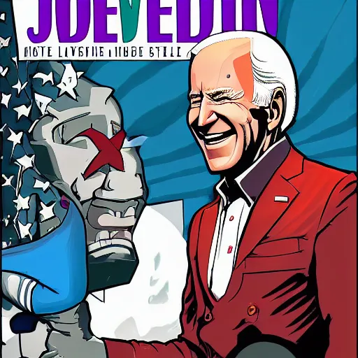 Prompt: Super Evil Joe Biden laughin, cover art by Stephen Bliss, Boxart