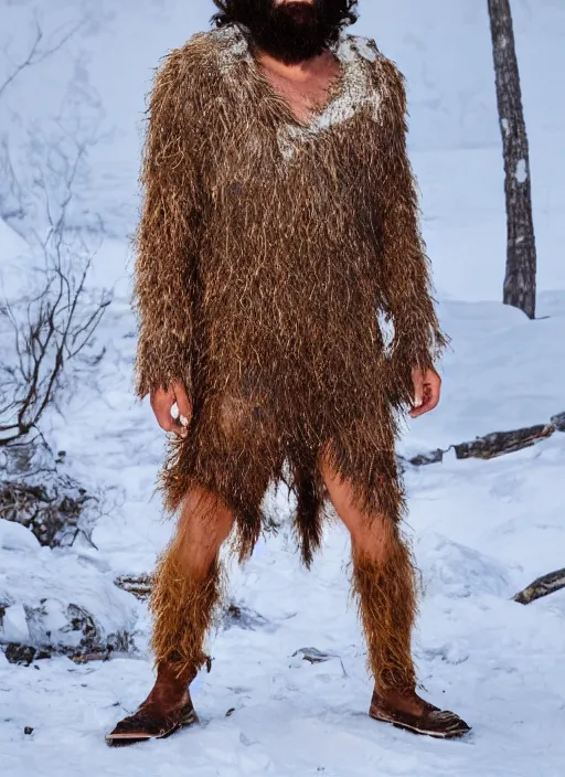 Prompt: Caveman wearing an avant-garde outfit from Carol Christian Poell's winter collection 2022,
