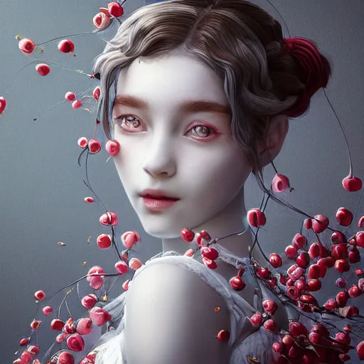 Prompt: the portrait of an absurdly beautiful, graceful, elegant, sophisticated, fashionable little girl made of cherries and white petals looking down, an ultrafine hyperdetailed illustration by kim jung gi, irakli nadar, intricate linework, bright colors, octopath traveler, final fantasy, unreal engine 5 highly rendered, global illumination, radiant light, detailed and intricate environment