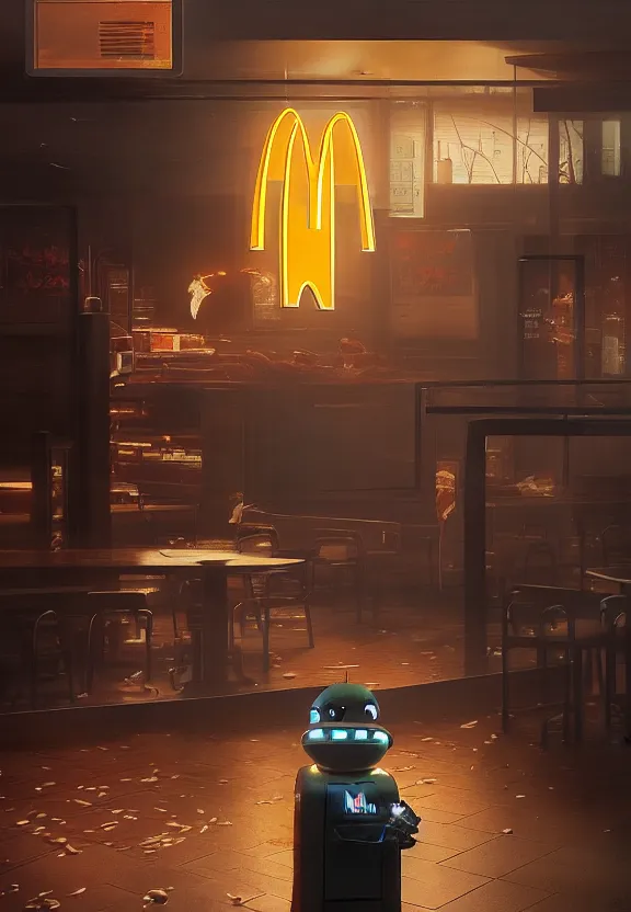 Prompt: a portrait of a simple mcdonalds robot breaking through a mcdonalds restaurant by greg rutkowski, sung choi, mitchell mohrhauser, maciej kuciara, johnson ting, maxim verehin, peter konig, bloodborne, 8 k photorealistic, cinematic lighting, hd, high details, dramatic, dark atmosphere, trending on artstation