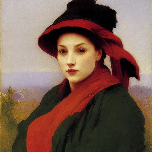 Image similar to A portrait of a fox wearing a scarf and a boater hat by Robert Cleminson and William-Adolph Bouguereau