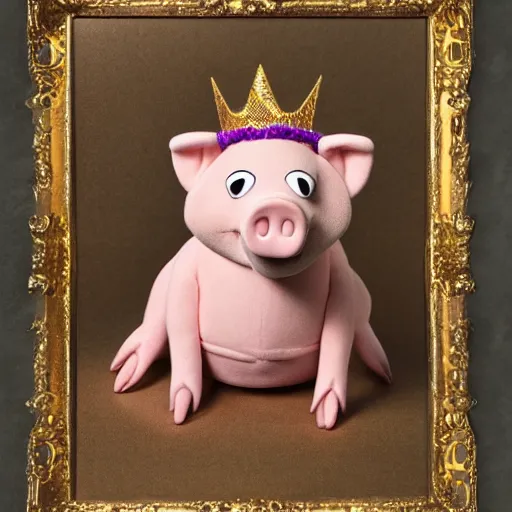 Prompt: studio photograph of a happy pig wearing a gold crown depicted as a muppet standing full body