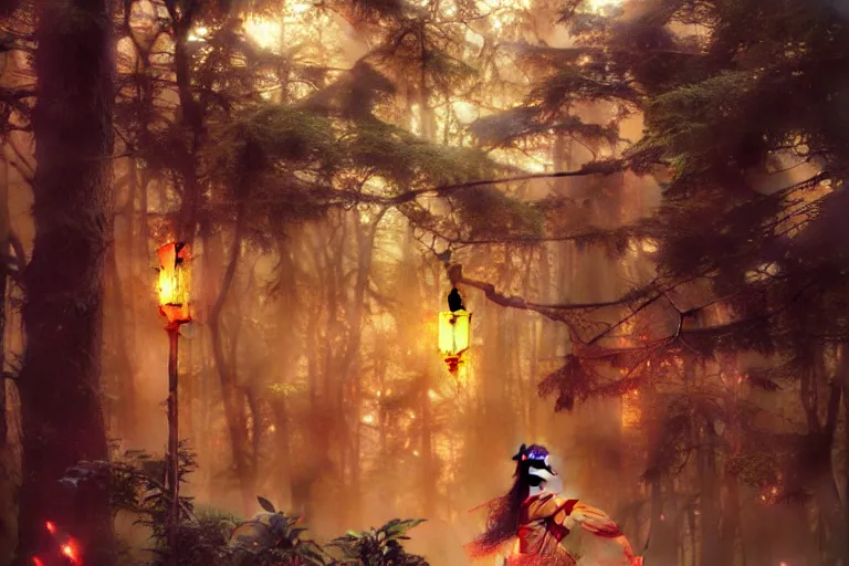 Image similar to wuxia, forest, neon light, painting by gaston bussiere, craig mullins, j. c. leyendecker