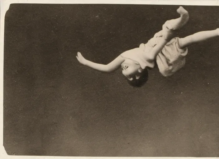 Image similar to an old worn photograph of a child in the distance floating upside - down