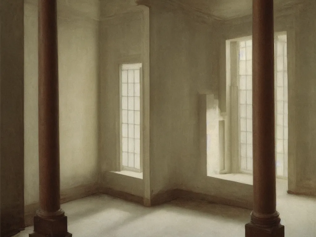 Prompt: Interior of a house under renovation with carved marble column in the middle. Afternoon light. Painting by Vilhelm Hammershoi