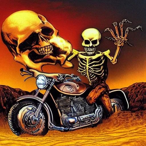 Image similar to richard corben style album cover artwork painting of ghost rider skeleton on a motorcycle