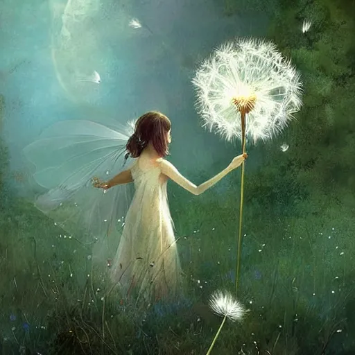 Prompt: a beautiful fairytale painting of a dandelion seed that is also a fairy. dreamy beautiful painting by greg rutkowski