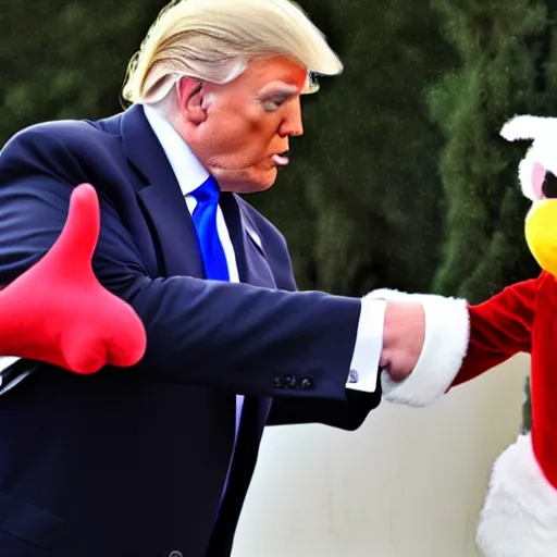 Prompt: photo of Donald Trump wearing a Santa Claus outfit getting in a fist fight with the Easter Bunny, 4k