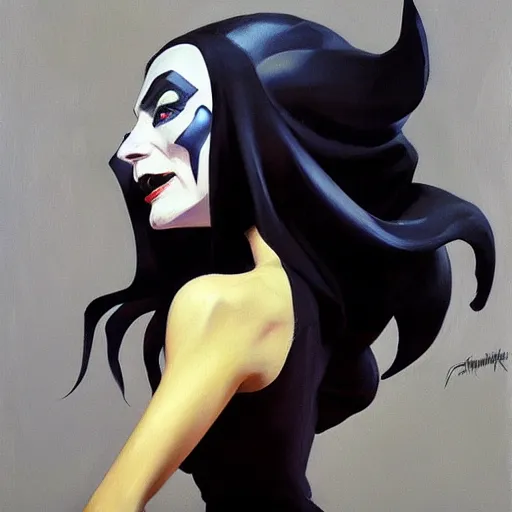 Image similar to greg manchess portrait painting of armored morticia from addams family as overwatch character, medium shot, asymmetrical, profile picture, organic painting, sunny day, matte painting, bold shapes, hard edges, street art, trending on artstation, by huang guangjian and gil elvgren and greg rutkowski