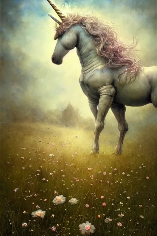 Image similar to a unicorn on the beautiful meadow | esoteric symbolism | jean - baptiste monge, esao andrews, bastien lecouffe - deharme, tim jacobus, ken currie | ultra - detailed realism, soft cinematic lighting, hi - fructose, artstation, high - quality, ink watercolors wes anderson poster art