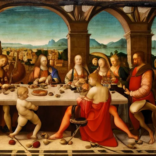 Prompt: a renaissance materpiece painting of a high society pizza party, leonardo da vinci