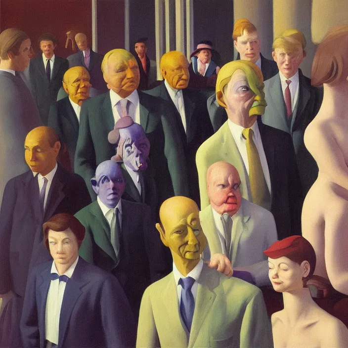 Image similar to group of people pictured in afternoon light, close - up of the faces, anatomically and proportionally correct, surrealist oil painting by edward hopper, francis bacon and rene magritte, detailed