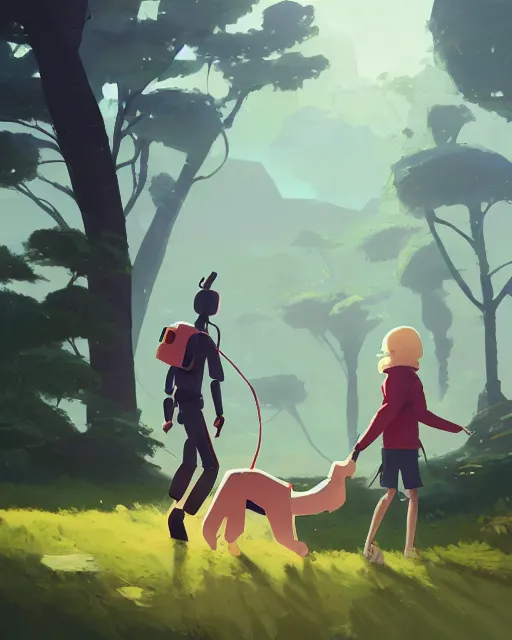 Prompt: a robot taking his dog for a stroll through nature, cory loftis, james gilleard, atey ghailan, makoto shinkai, goro fujita, character art, rim light, exquisite lighting, clear focus, very coherent, plain background, soft painting