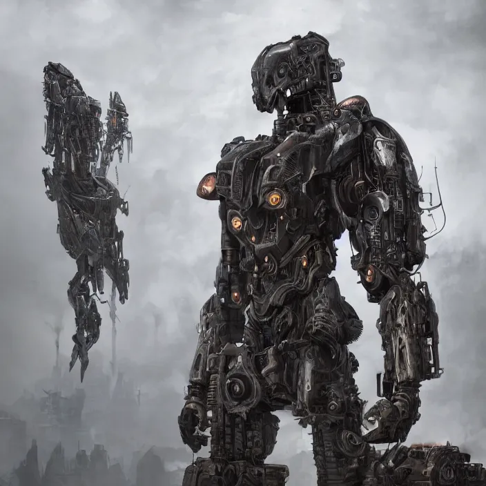 Image similar to human standing next to mech - warrior, hyper - detailed, octane render, sharp focus, 4 k ultra hd, fantasy dark art, apocalyptic art