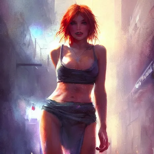 Image similar to bella thorne wearing crop top, hyperrealistic full figure, bladerunner street alley, art of elysium by frank frazetta and by jeremy mann, fantasy art, photo realistic, dynamic lighting, artstation, full figure poster, volumetric lighting, very detailed face, 4 k, award winning