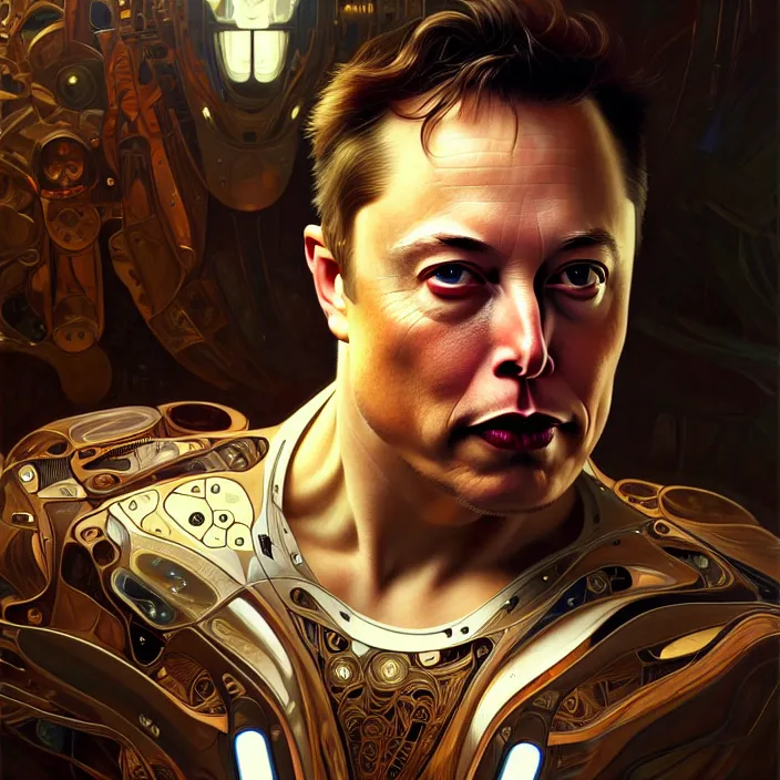 Image similar to portrait of Elon Musk organic cyborg, diffuse lighting, fantasy, intricate, elegant, highly detailed, lifelike, photorealistic, digital painting, artstation, illustration, concept art, smooth, sharp focus, art by John Collier and Albert Aublet and Krenz Cushart and Artem Demura and Alphonse Mucha